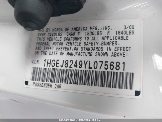 2000 HONDA CIVIC EX VIN: 1HGEJ8249YL075681