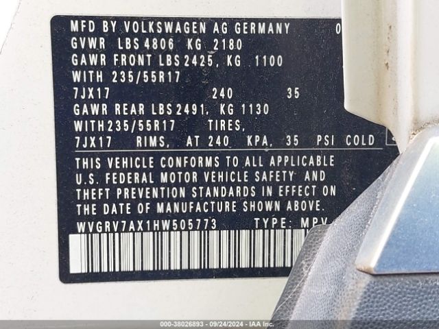 WVGRV7AX1HW505773 Volkswagen Tiguan 2.0t Wolfsburg Edition