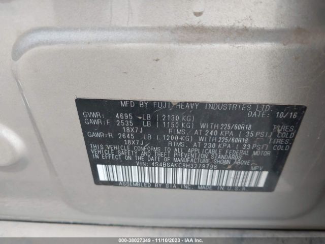4S4BSAKC8H3279798 Subaru Outback 2.5i Limited
