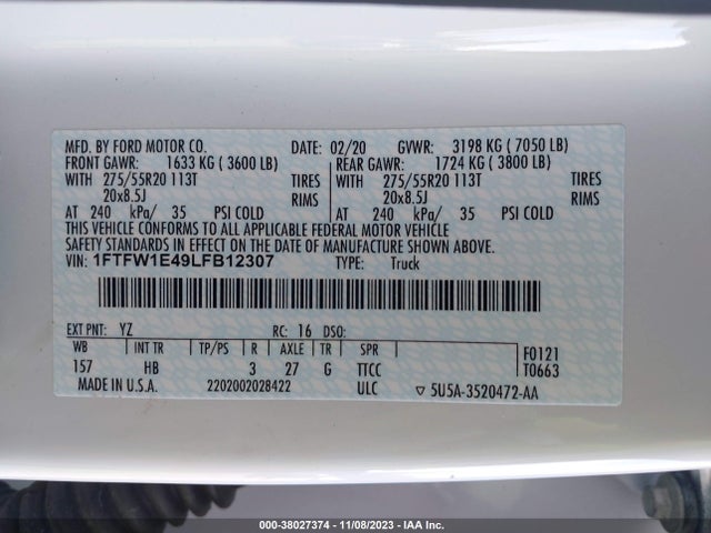 Ford F-150 Lariat 2020 1FTFW1E49LFB12307 Image 9