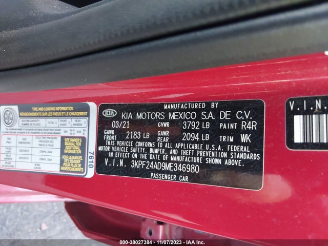 2021 KIA FORTE LXS VIN: 3KPF24AD9ME346980