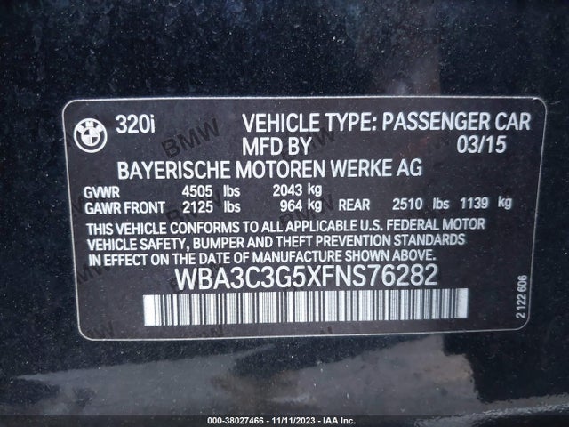 2015 BMW 320I XDRIVE VIN: WBA3C3G5XFNS76282