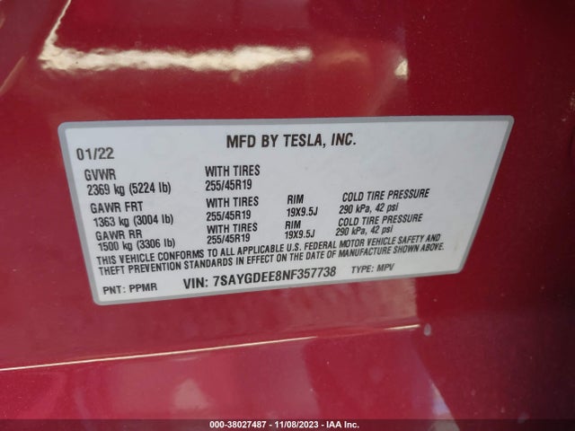 2022 TESLA MODEL Y 7SAYGDEE8NF357738 Photo 8