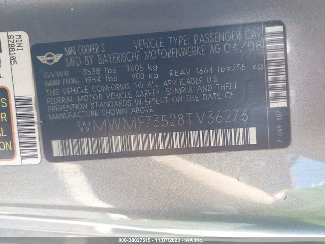 2008 MINI COOPER HARDTOP WMWMF73528TV36276 Photo 8