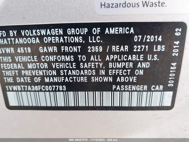 1VWBT7A36FC007783 Volkswagen Passat 1.8t Se