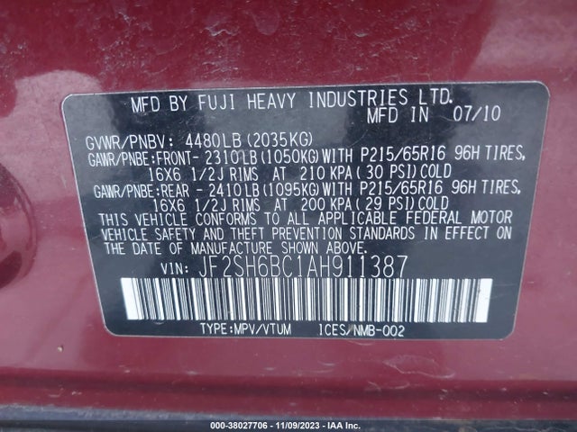 2010 SUBARU FORESTER 2.5X VIN: JF2SH6BC1AH911387