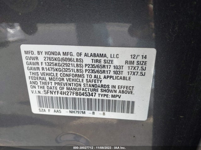Honda PILOT LX 2015 5FNYF4H27FB045347 Image 9