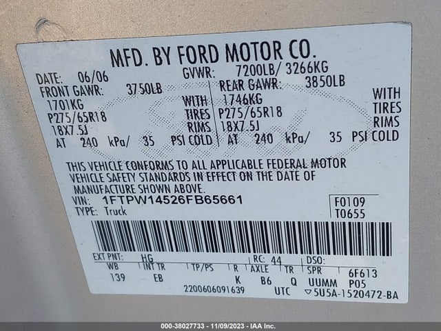 2006 FORD F-150 XLT/LARIAT/FX4 VIN: 1FTPW14526FB65661