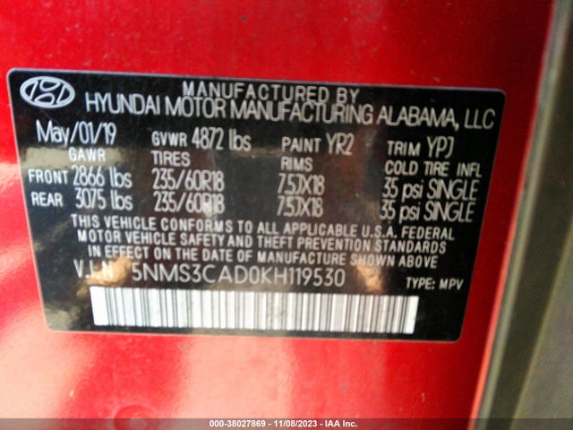 5NMS3CAD0KH119530 Hyundai Santa Fe Sel Plus