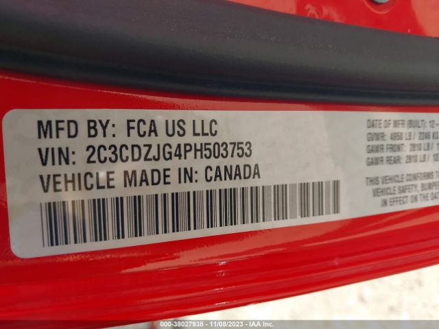 2C3CDZJG4PH503753 Dodge Challenger Gt