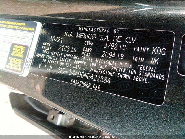 2022 KIA FORTE GT LINE VIN: 3KPF54AD0NE422384