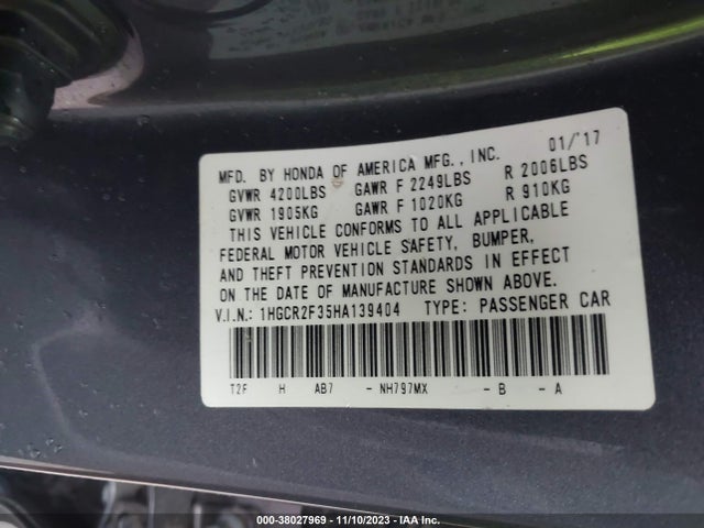 Honda ACCORD LX 2017 1HGCR2F35HA139404 Image 9