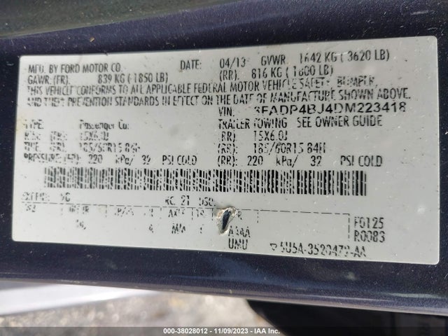 2013 FORD FIESTA SE VIN: 3FADP4BJ4DM223418
