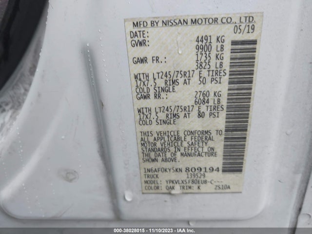 2019 NISSAN NV CARGO NV3500 HD SV V8 VIN: 1N6AF0KY5KN809194