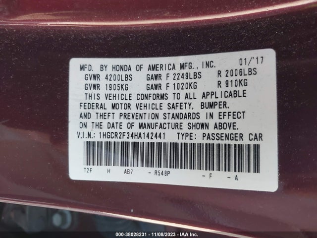 Honda ACCORD LX 2017 1HGCR2F34HA142441 Image 9