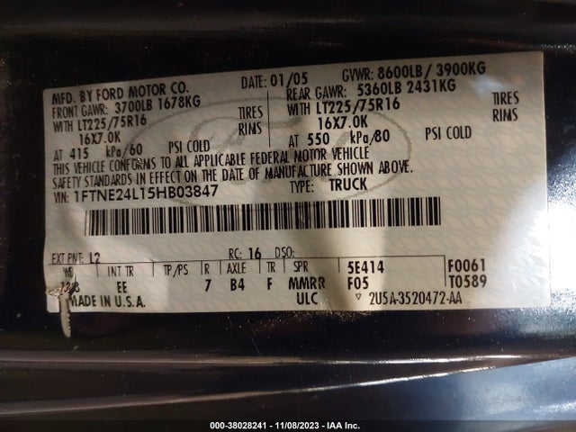 2005 FORD E-250 RECREATIONAL/COMMERCIAL VIN: 1FTNE24L15HB03847