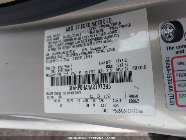 2010 FORD FUSION SE VIN: 3FAHP0HA4AR197385