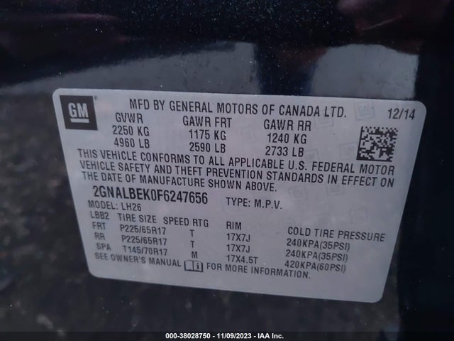 Chevrolet EQUINOX 1LT 2015 2GNALBEK0F6247656 Image 9