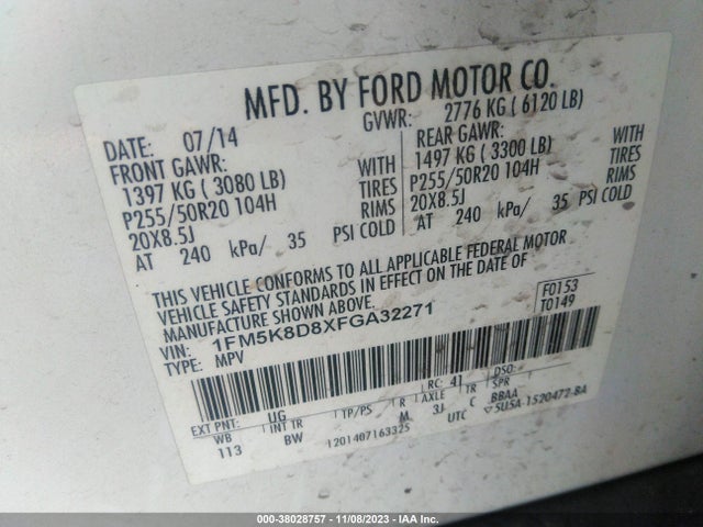 2015 FORD EXPLORER XLT VIN: 1FM5K8D8XFGA32271