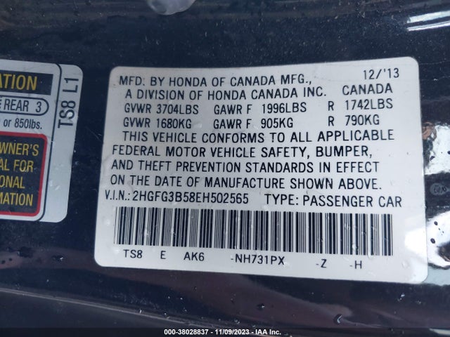 2014 HONDA CIVIC LX VIN: 2HGFG3B58EH502565