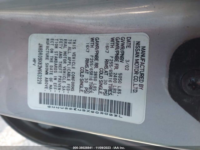 2002 NISSAN PATHFINDER SE VIN: JN8DR09X82W663229