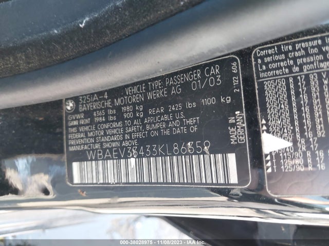 2003 BMW 325I VIN: WBAEV33433KL86359