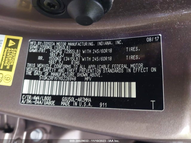 2017 TOYOTA HIGHLANDER XLE/SE VIN: 5TDKZRFH7HS226948