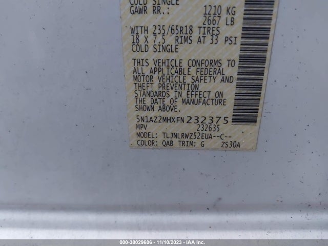 Nissan MURANO SL 2015 5N1AZ2MHXFN232375 Image 9