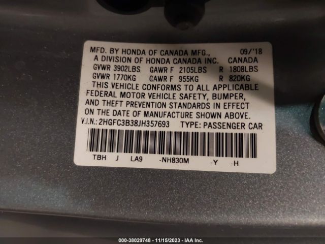 2HGFC3B38JH357693 Honda Civic Ex-t