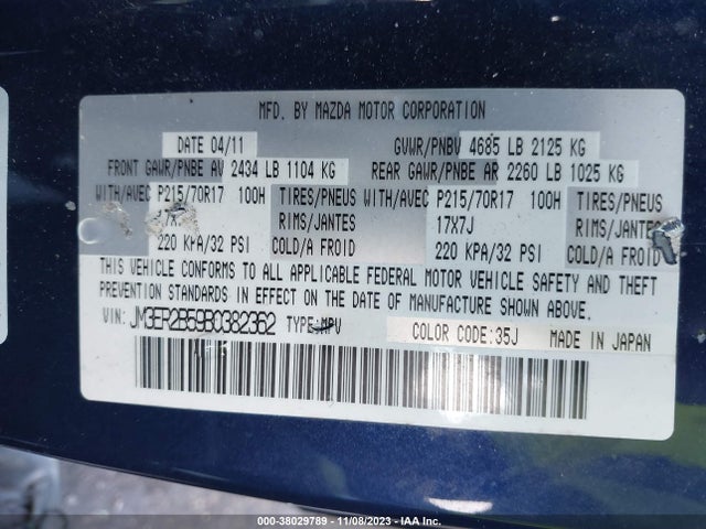 2011 MAZDA CX-7 I SPORT VIN: JM3ER2B59B0382362
