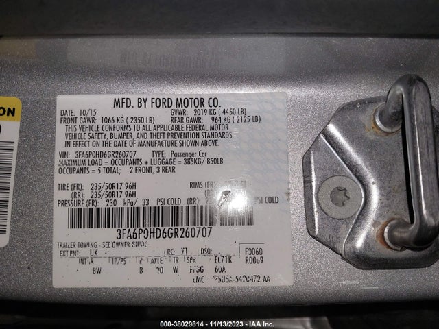 2016 FORD FUSION SE VIN: 3FA6P0HD6GR260707