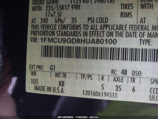 2017 FORD ESCAPE SE VIN: 1FMCU9GD8HUA80100