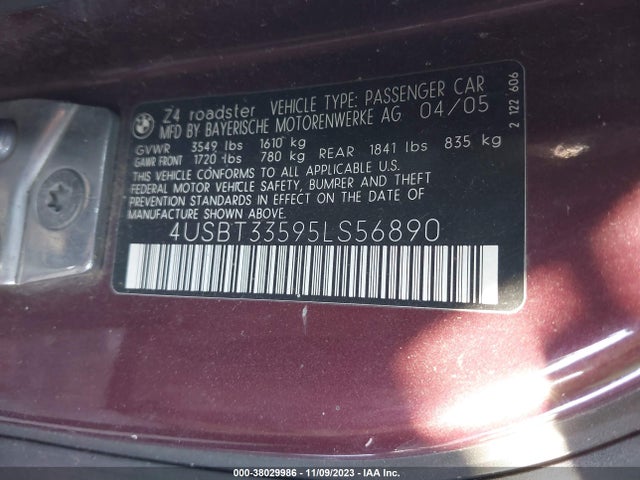 2005 BMW Z4 2.5I VIN: 4USBT33595LS56890