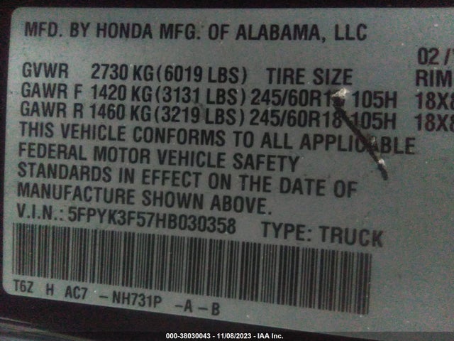 Honda Ridgeline Rtl 2017 5FPYK3F57HB030358 Image 9