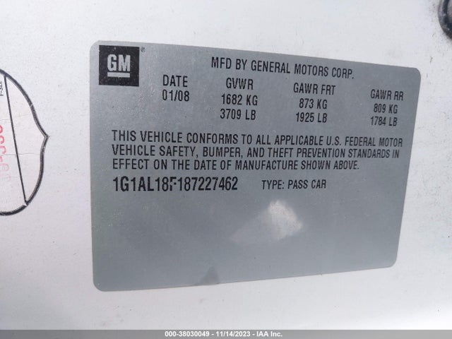 2008 CHEVROLET COBALT LT VIN: 1G1AL18F187227462