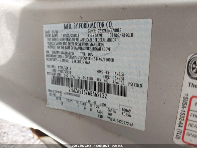 2006 FORD FREESTAR SE VIN: 2FMZA51676BA62132