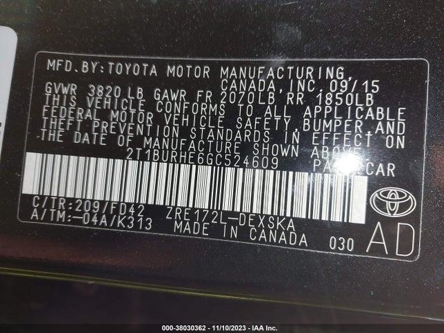 2016 TOYOTA COROLLA S PLUS VIN: 2T1BURHE6GC524609