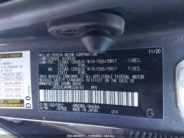 2021 TOYOTA 4RUNNER SR5 VIN: JTEEU5JR4M5236160