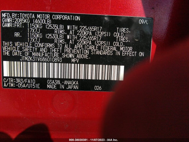 2008 TOYOTA RAV4 LTD VIN: JTMZK31V686010893