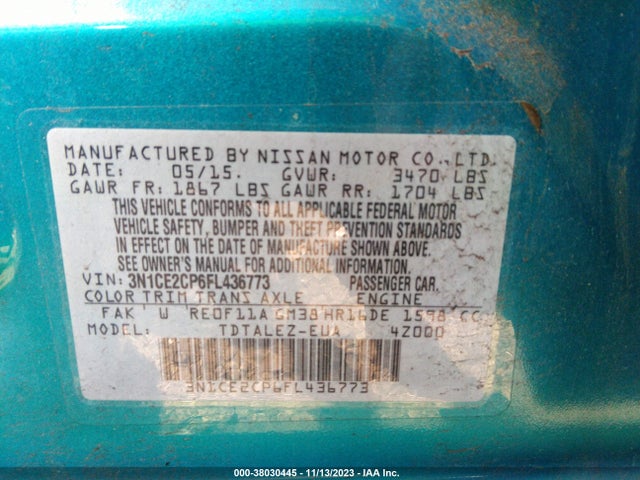 2015 NISSAN VERSA NOTE S PLUS/SV/SR/S (SR)/SL VIN: 3N1CE2CP6FL436773