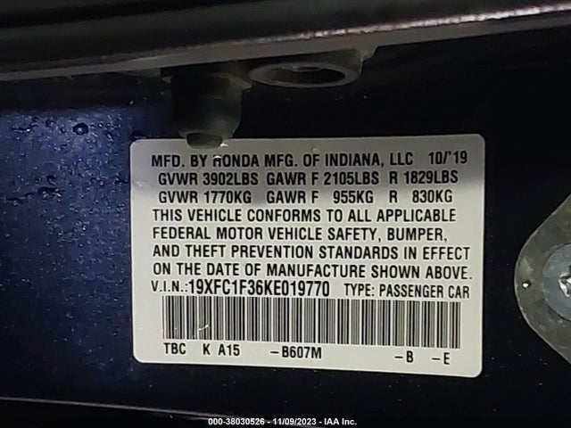 Honda CIVIC EX 2019 19XFC1F36KE019770 Image 9