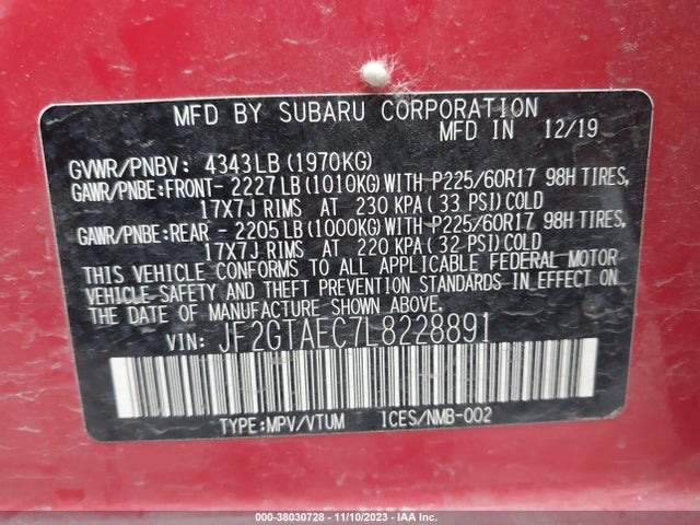 2020 SUBARU CROSSTREK PREMIUM VIN: JF2GTAEC7L8228891