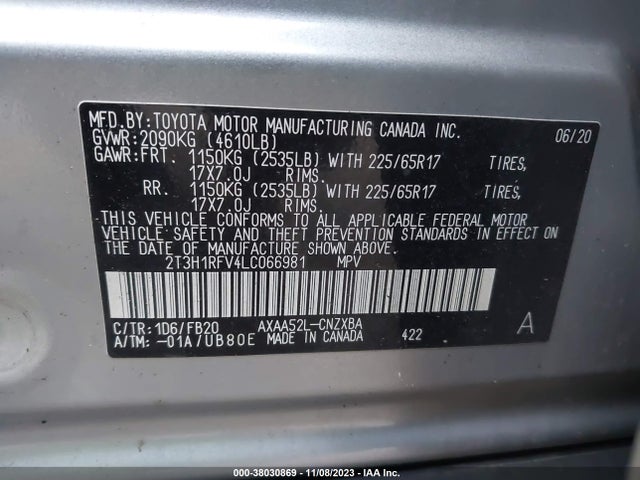 2020 TOYOTA RAV4 LE VIN: 2T3H1RFV4LC066981