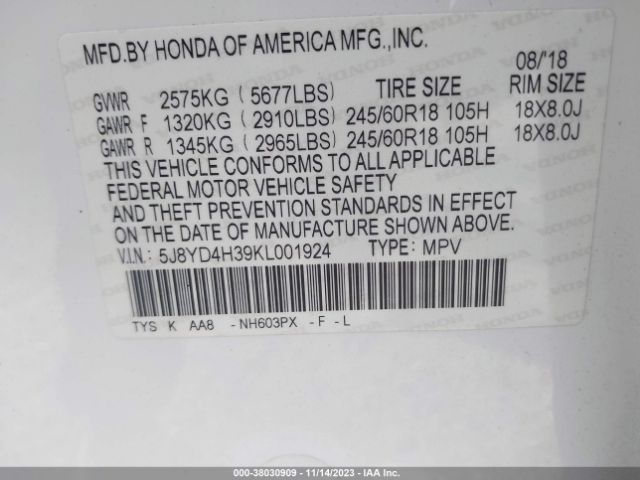 5J8YD4H39KL001924 Acura Mdx Standard