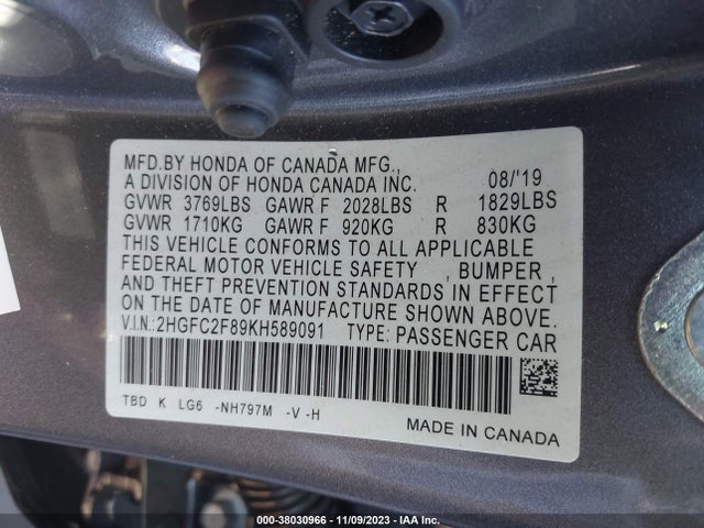 2019 HONDA CIVIC SPORT VIN: 2HGFC2F89KH589091