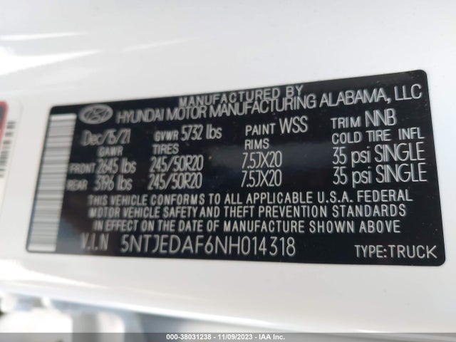 2022 HYUNDAI SANTA CRUZ LIMITED VIN: 5NTJEDAF6NH014318