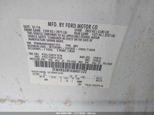 2016 FORD FLEX LIMITED VIN: 2FMHK6D85GBA01522