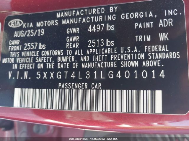 5XXGT4L31LG401014 KIA Optima S