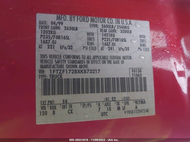 1999 FORD F-150 WORK SERIES/XLT/XL VIN: 1FTZF1728XKB73217