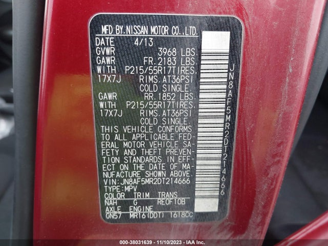 2013 NISSAN JUKE S VIN: JN8AF5MR2DT214666